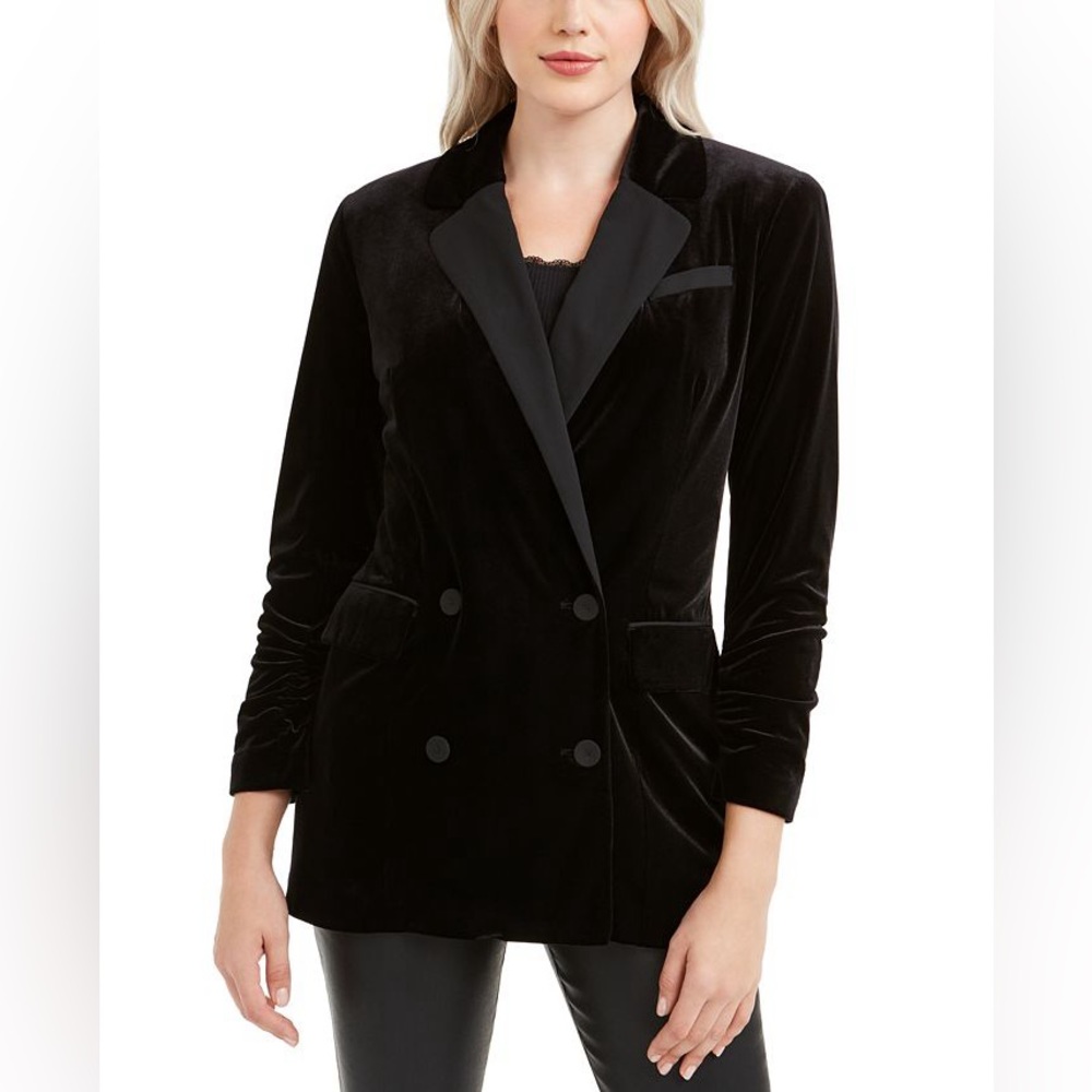 1.STATE Women's Ruched Sleeve Velvet Blazer Black